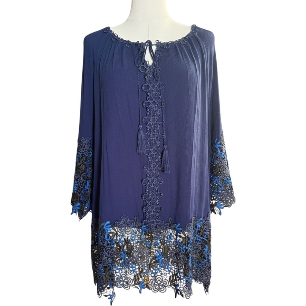 Roaman's Navy Blue Floral Lace Trim Tunic Blouse Plus Size 32W Boho Peasant Top